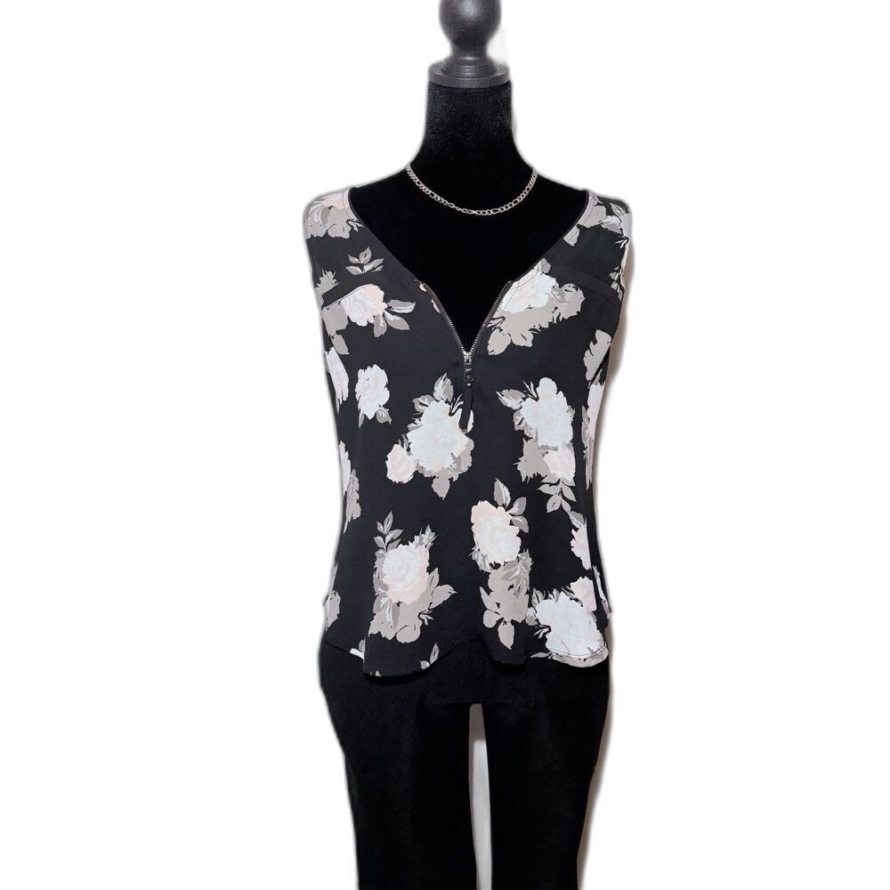 Candies Women’s Blouse Top Black Floral Sleeveless 1/4 Zip Stretch Size XS